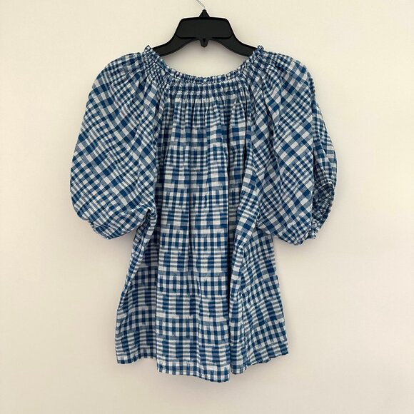 Apiece Apart Blue Plaid Gingham Puff Sleeve Top Size Large Ikat Blouse Cottage - Picture 4 of 11